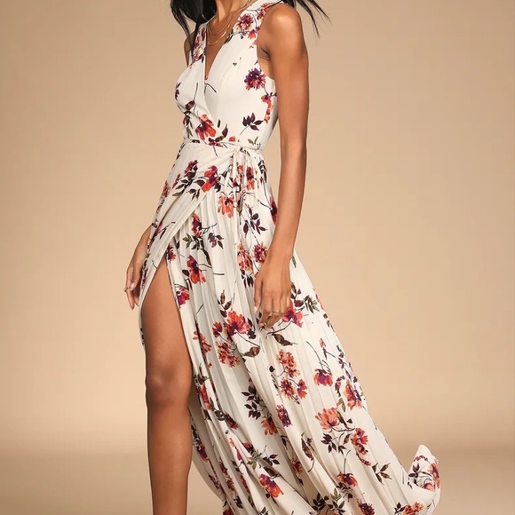SOLD‼️Lindsie Ivory Multi Floral Print Pleated Wrap Maxi Dress - Picture 3 of 3